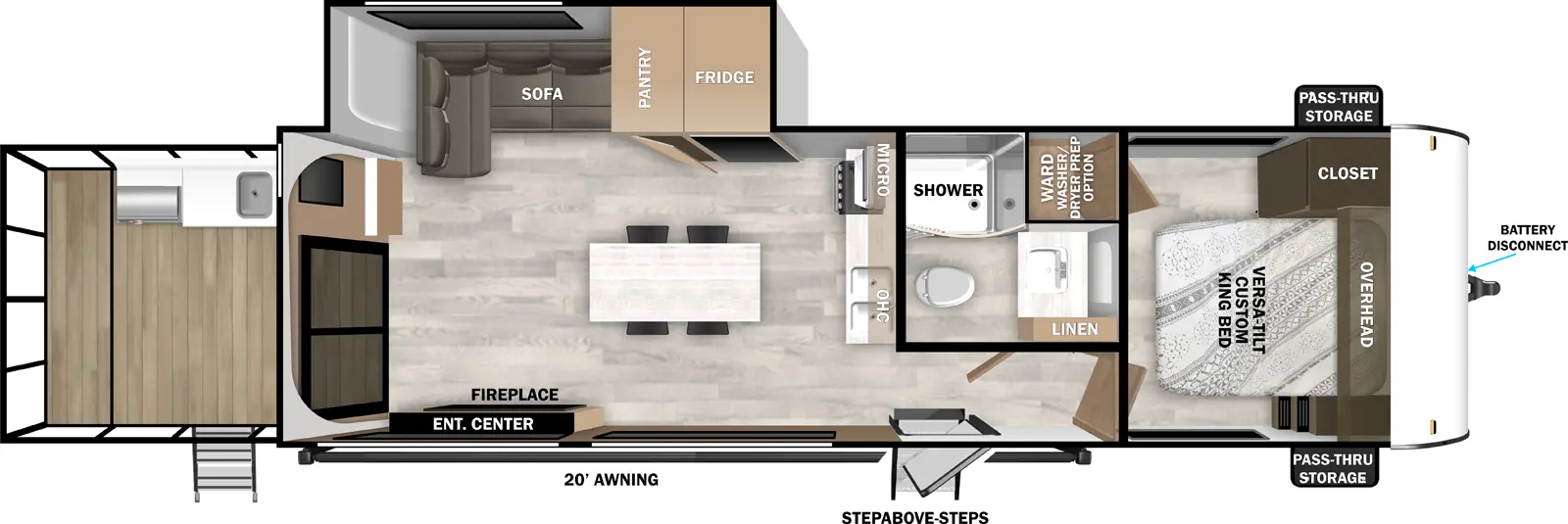 The Salem 32VERANDA floorplan has two entries and one slide out. Exterior features include: metal or fiberglass exterior, 20' awning and outside kitchen. Interiors features include: front bedroom.